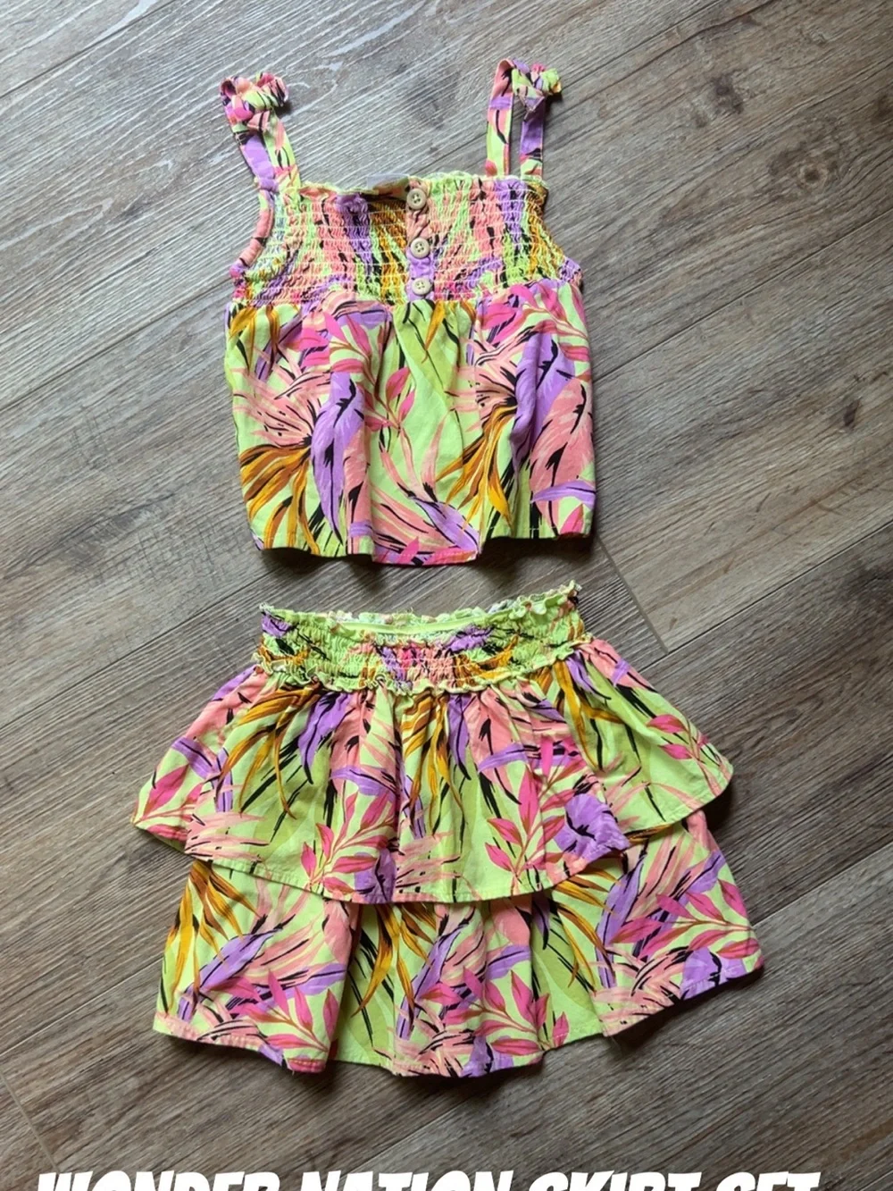 wonder nation Neon Floral Two-Piece Skirt Set in Lime, Pink & Purple